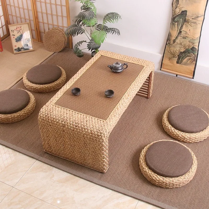 Japanese Rattan Coffee Table Tatami Tea Table for Living Room Balcony Handmade Low Chabudai with Jute Ottoman Tray Home Decor