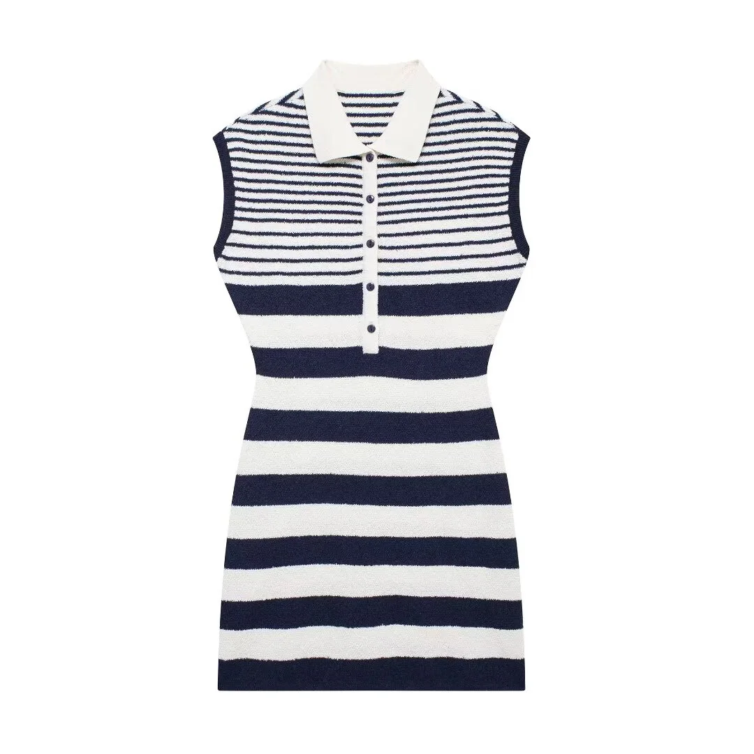 Tangada 2024 Women Striped Knitted Tank Dress Turn Down Collar Sleeveless Female Mini Dresses BE0147