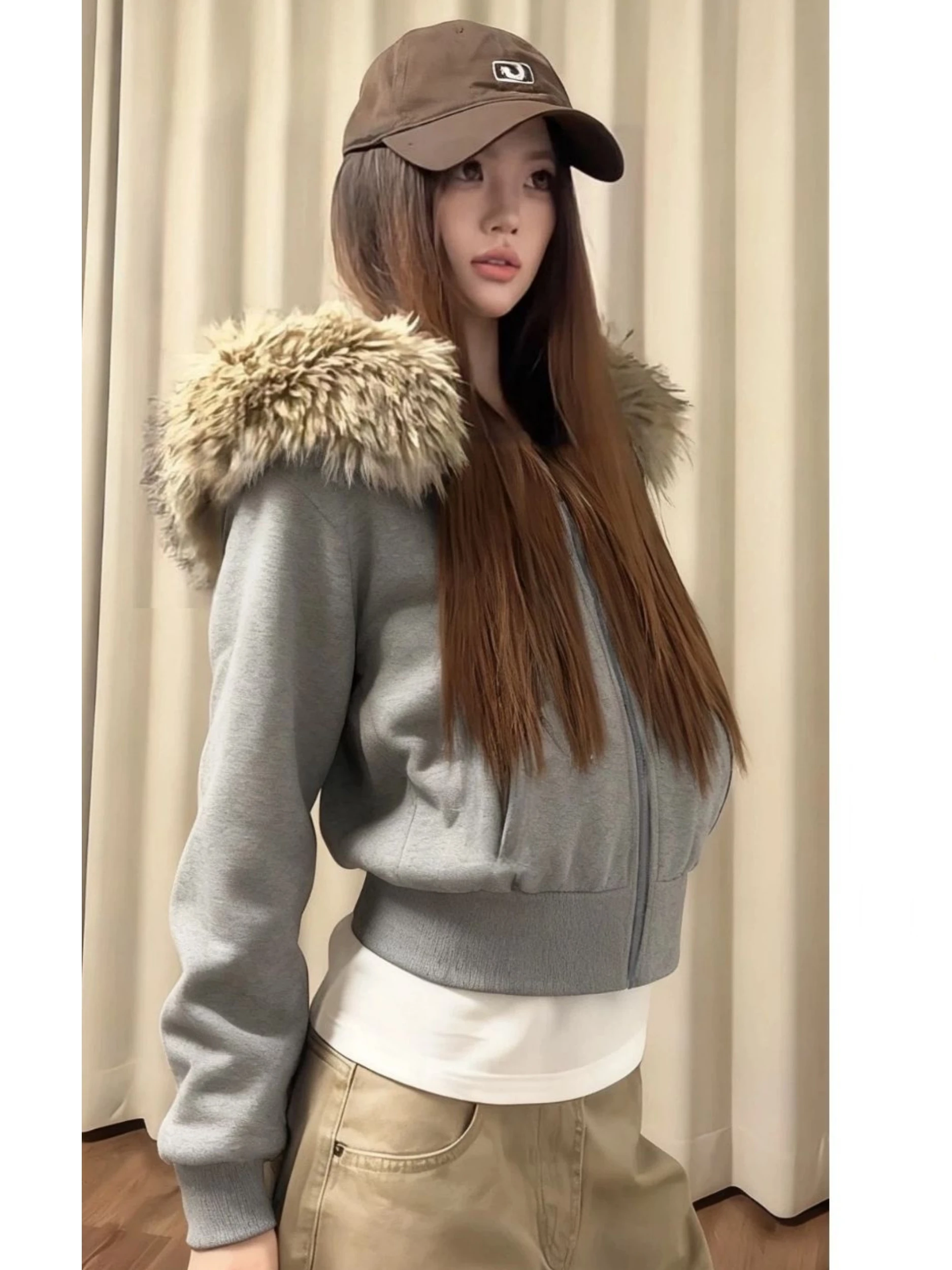 

ay ort толстовка со съемным меховым воротником, женская осенне-зимняя новинка, утягивающая универсальная верхняя одежда на подкладке, модная