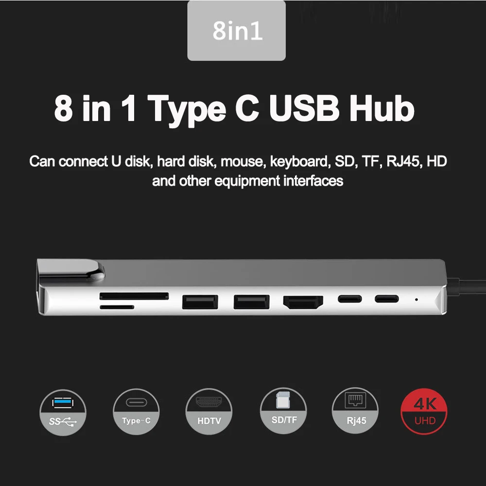 USB C Hub 8 In 1 Type C 3.1 To 4K HDMI-Compatible Adapter with RJ45 SD/TF Card Reader PD Fast Charge For Thunderbolt 3 USB Dock