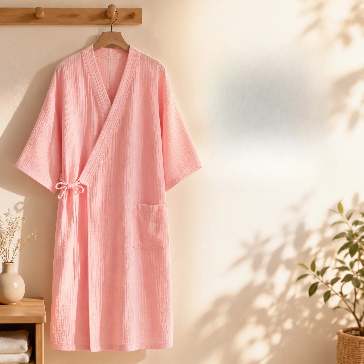 Women's 100% Cotton Bath Robe Double-Layer Crinkled Fabric Lightweight  Robe Soft and Absorbent, Homewear, Gauze Bath Robe