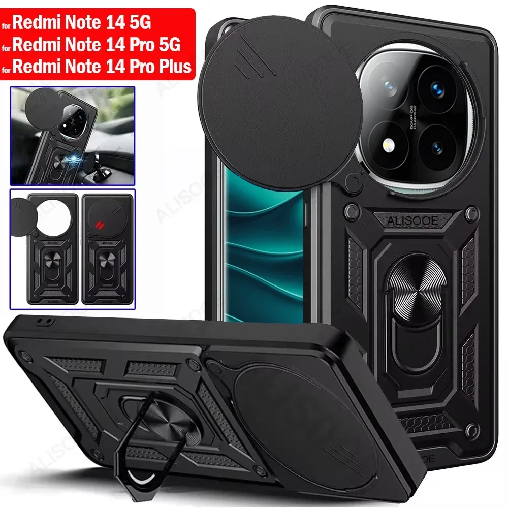 Funda for Redmi Note 14 Pro / 14 Pro Plus 5G Case Armor Slide Camera Ring Stand Protect Cover for Xiaomi Redmi Note 14 5G Capa