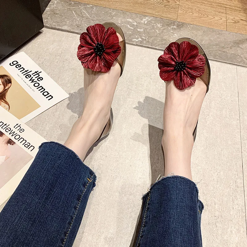 Fashion Summer Pvc Jelly Flat Sandals Casual Flowerbreathable Beach Shoes Transparent Plastic Crystal Slip on Sandales Femmes