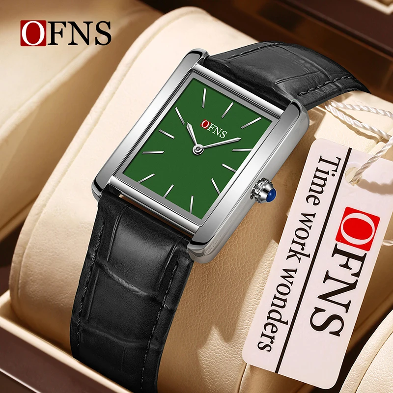OFNS1586 Relógio quadrado de quartzo feminino 3ATM à prova d'água 7,5 mm fino padrão de crocodilo cinto deslocamento temperamento relógio feminino