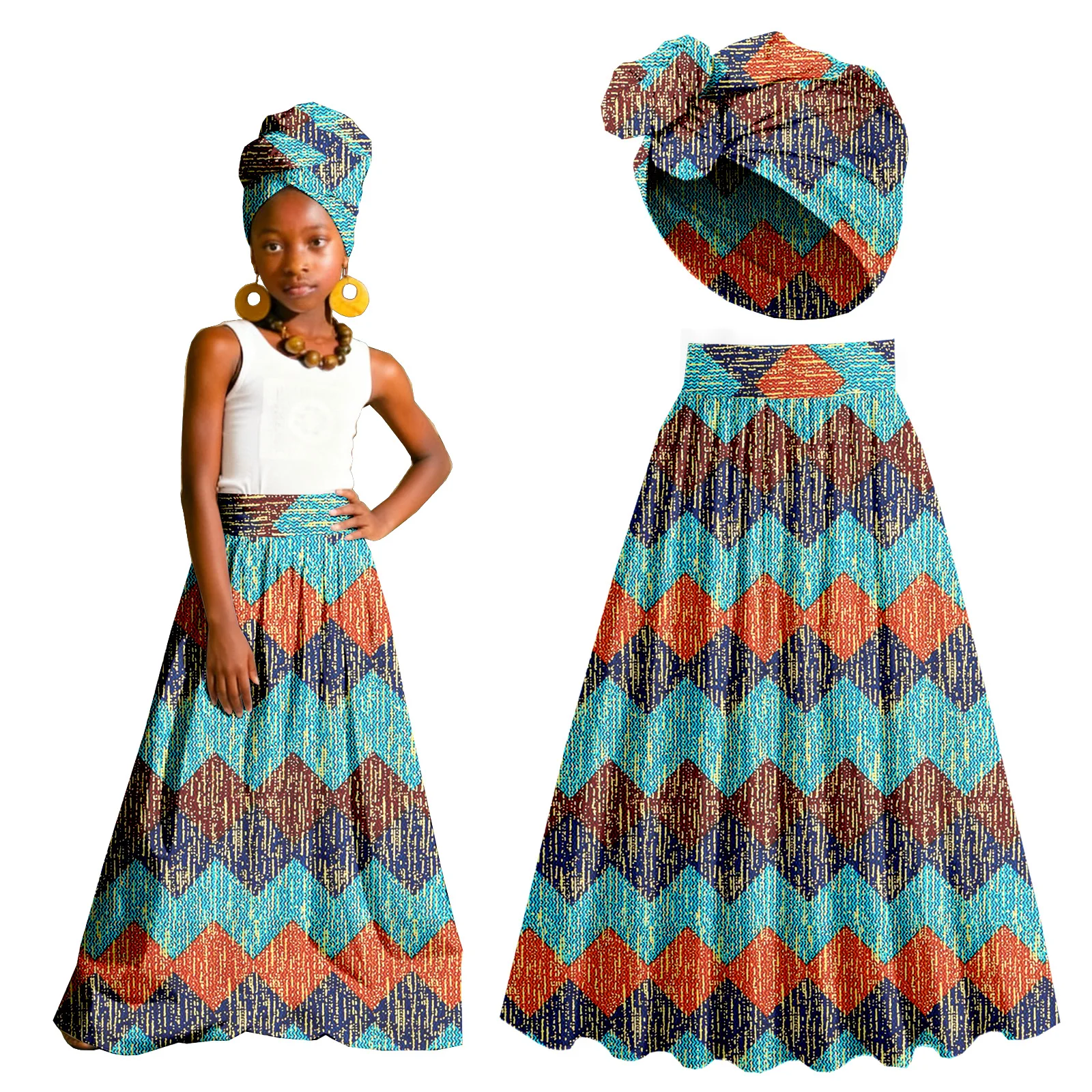 تنانير Bayby Girl ملابس أفريقية مطبوعة فستان ماكسي Dashiki Anakra ملابس للأطفال مع غطاء للرأس