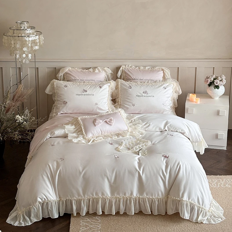 Princess Lace Style Embroidery Egyptian Cotton Bedding Set, Duvet Cover, Linen Fitted Sheet, Pillowcases, Home Textile