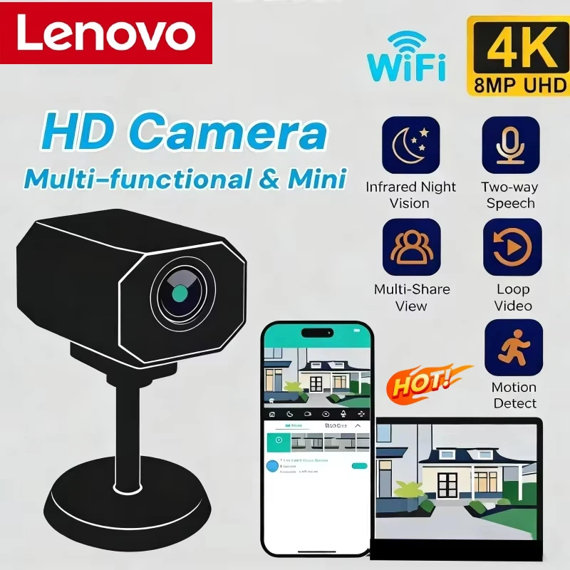 Câmera de Segurança WiFi 4K HD Lenovo para Casa, Mini Câmera IP Inteligente Interna com Monitoramento Remoto via APP, Design Portátil, Novo 2026