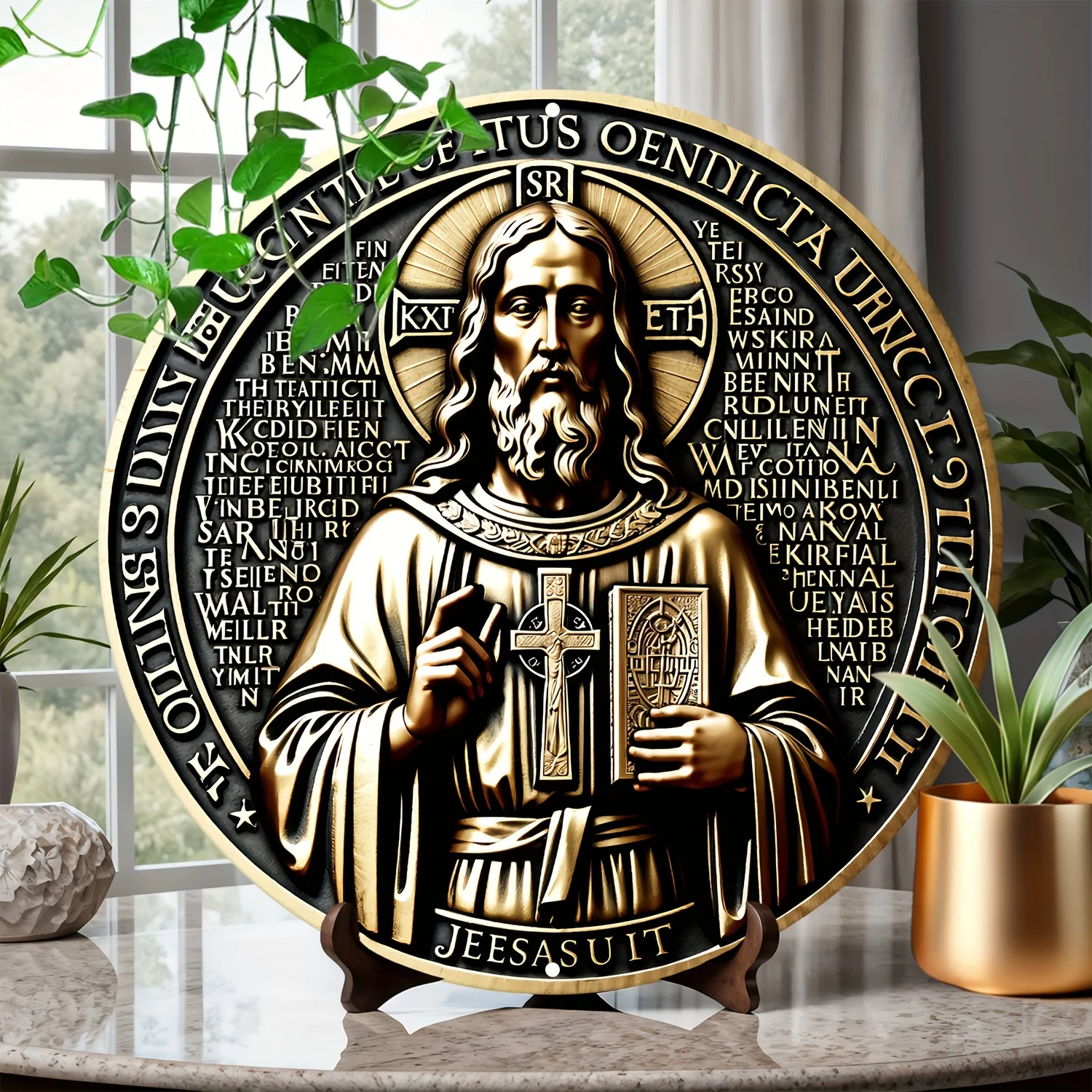 St. Benedict Medal-Inspired Aluminum Metal Wall Art, Sacred Religious Decor for Home, Cafe, Bedroom - 8x8 Inch Indoor/Outdoor