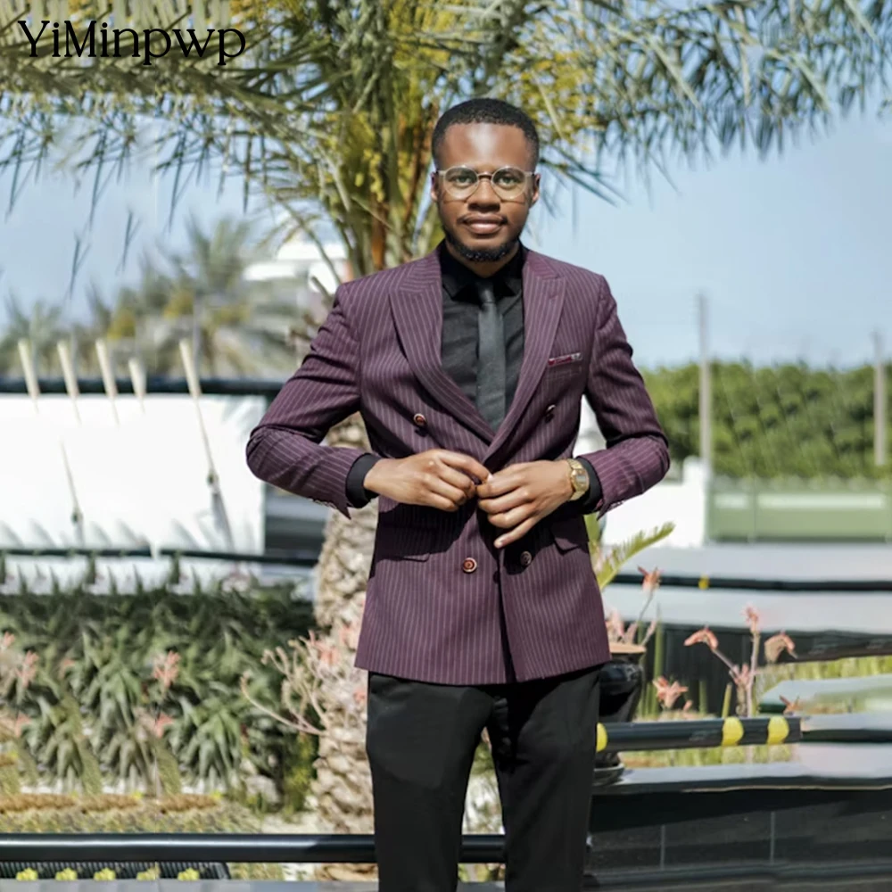 

YiMinpwp Striped Men's Suit Set Linen 2 Pieces Double Breasted Male Clothes Party Banquet Tuxedos Oversized Retro Fit XS-5XL