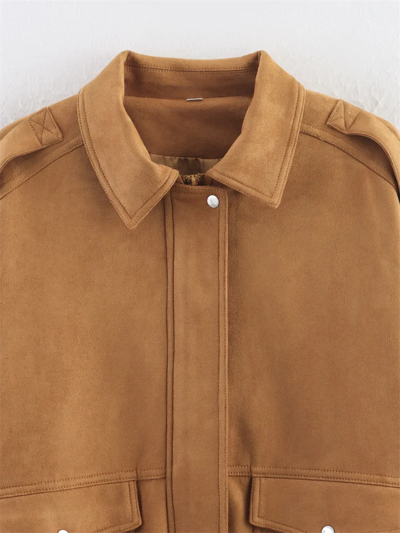 Guobioziy 2026 Autumn Women Lapel Collar Bomber Jacket Snap Button Flap Pockets Elastic Hem Oversized Casual Street Outerwear