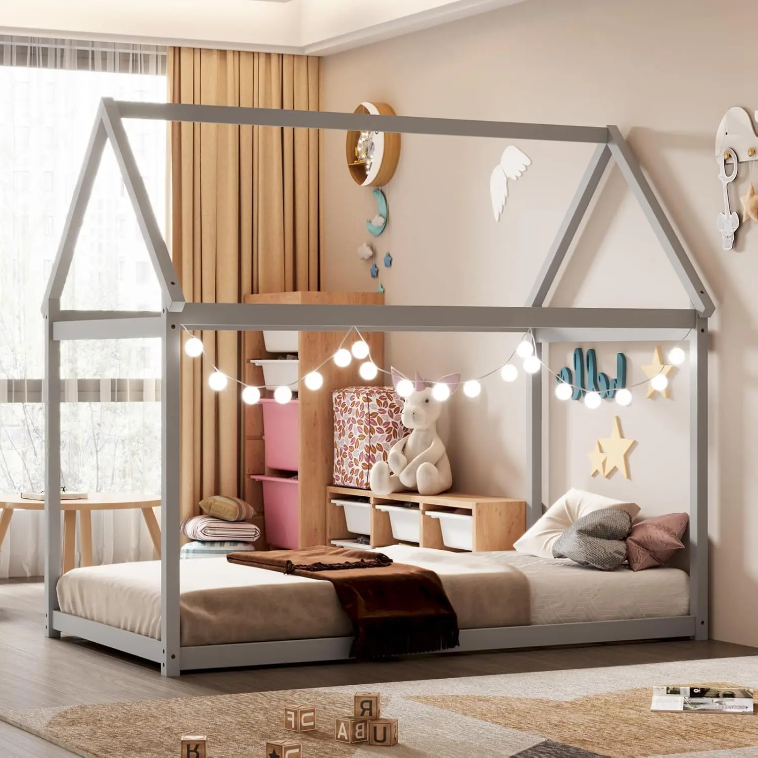 

Twin Wood Montessori Bed with House Roof, Low Floor Frame, No Box Spring Needed, Grey