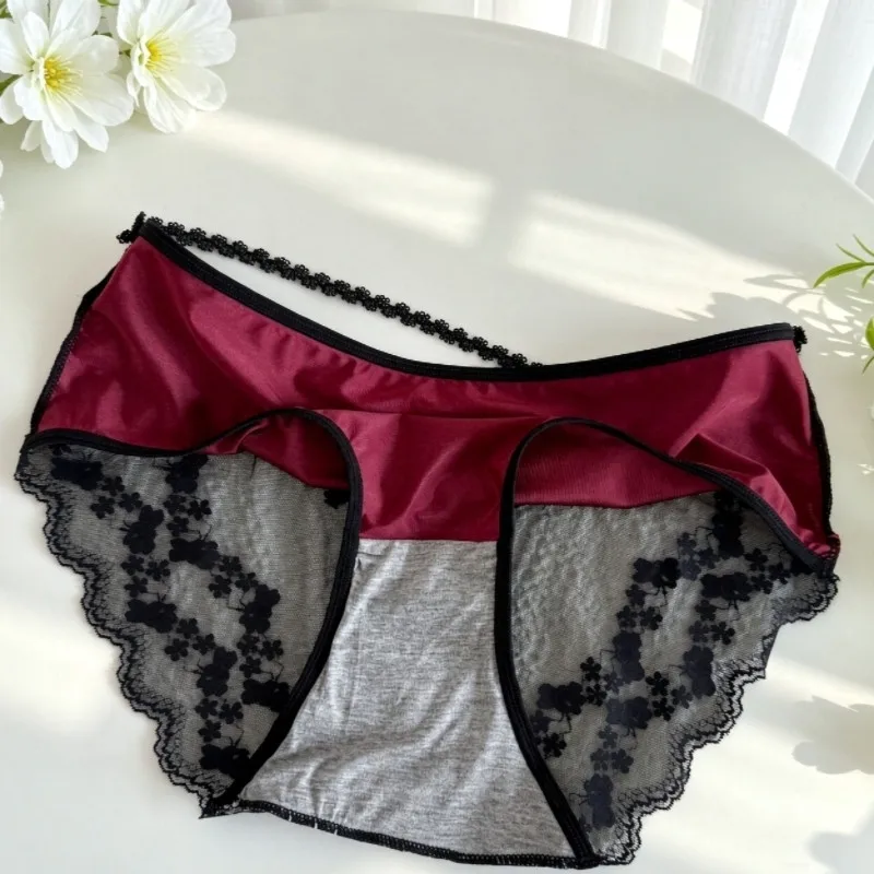 Men's Satin Lace Briefs Crossdressing Sheer Mesh Cross Back Hip Hugging Convex Pouch Underwear Sissy Sexy Lingerie