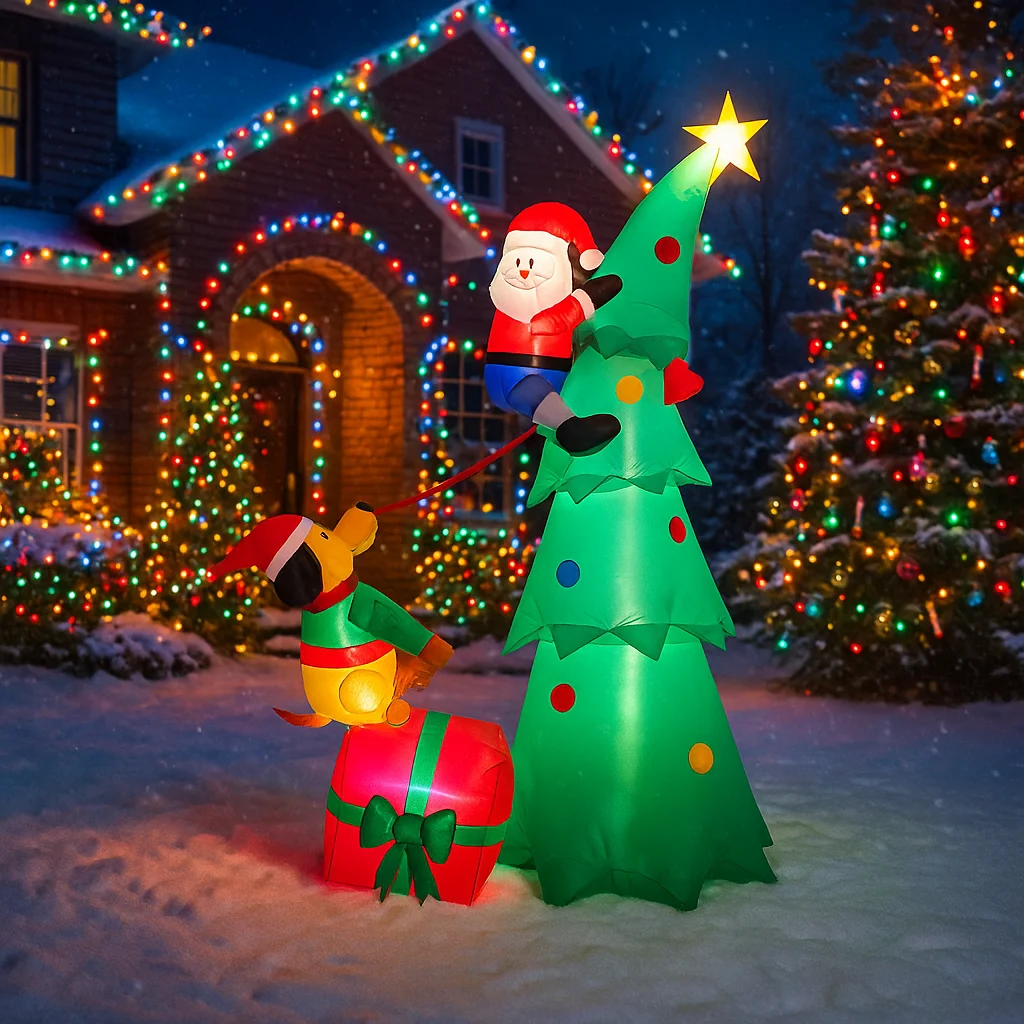 2.1M/6.8FT Inflatable Santa Claus Climbing Tree with Dog  Lights LED Home Decorations Toys Yard Xmas Holiday Decor Supplies
