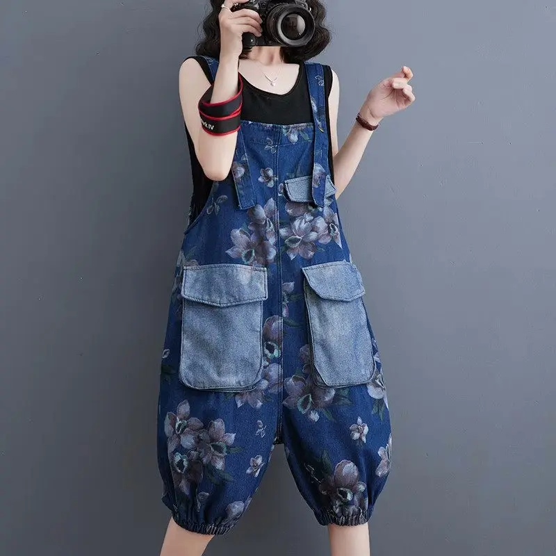 2023 New Art Vintage Large Size Denim Strap Shorts Cargo Pants Jumpsuit Pattern Casual Thin Printed Jeans Playsuit z1282
