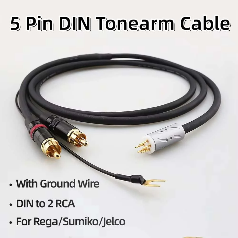 Viborg 5 Pin Male DIN to 2 RCA Tonearm Cable with Ground Wire for Rega Sumiko Jelco Grace 707 Turntable