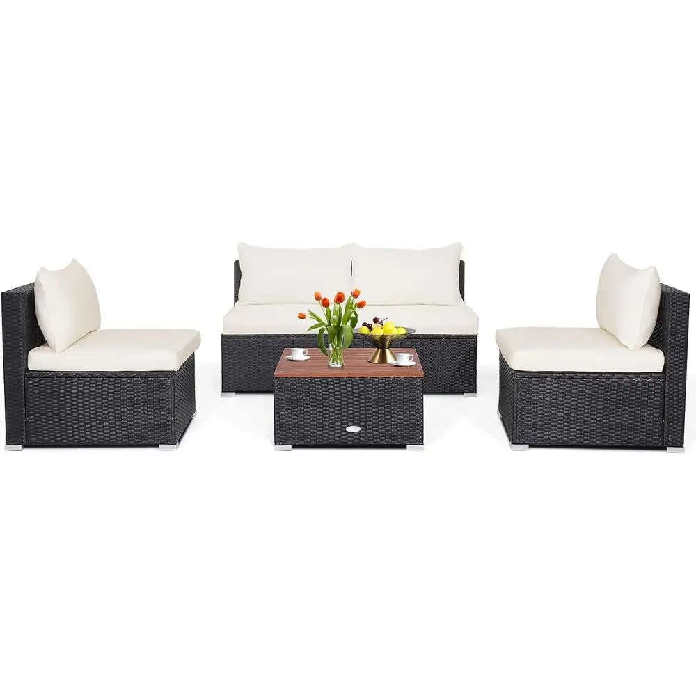 

5-Piece Outdoor Patio Furniture Set with Wicker and Acacia Wood, Cushioned Sectional for Garden and Poolside in White