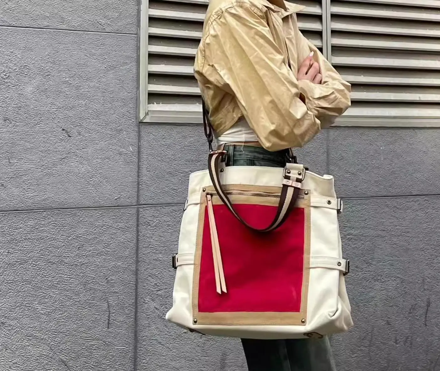 Ladies Korean Style Versatile Canvas Handbag Color Blocked Suede Tote Bag Women's Extra Large Capacity Shoulder Bag Handbag