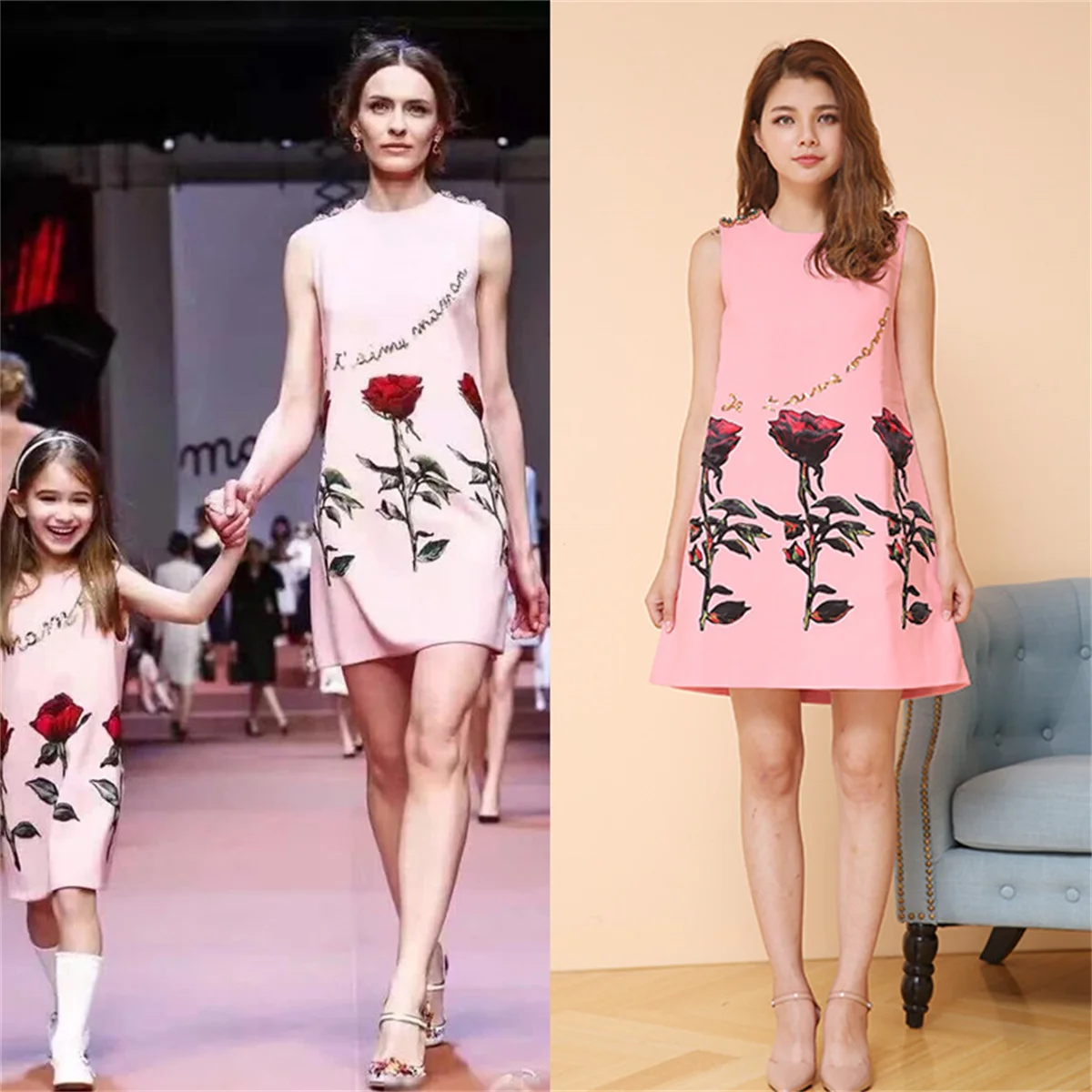 Luxury Designer Inspired Women's Summer Short Mini Dress With Rose Print In Pink High Quality Runway Fashion Dresses