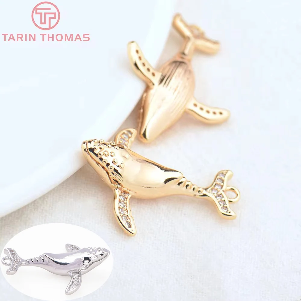 (4556)4PCS 18.5x26MM Hole 1.5MM 24K Gold Color Brass with Zircon Whale Pendants High Quality Diy Jewelry Findings Accessories