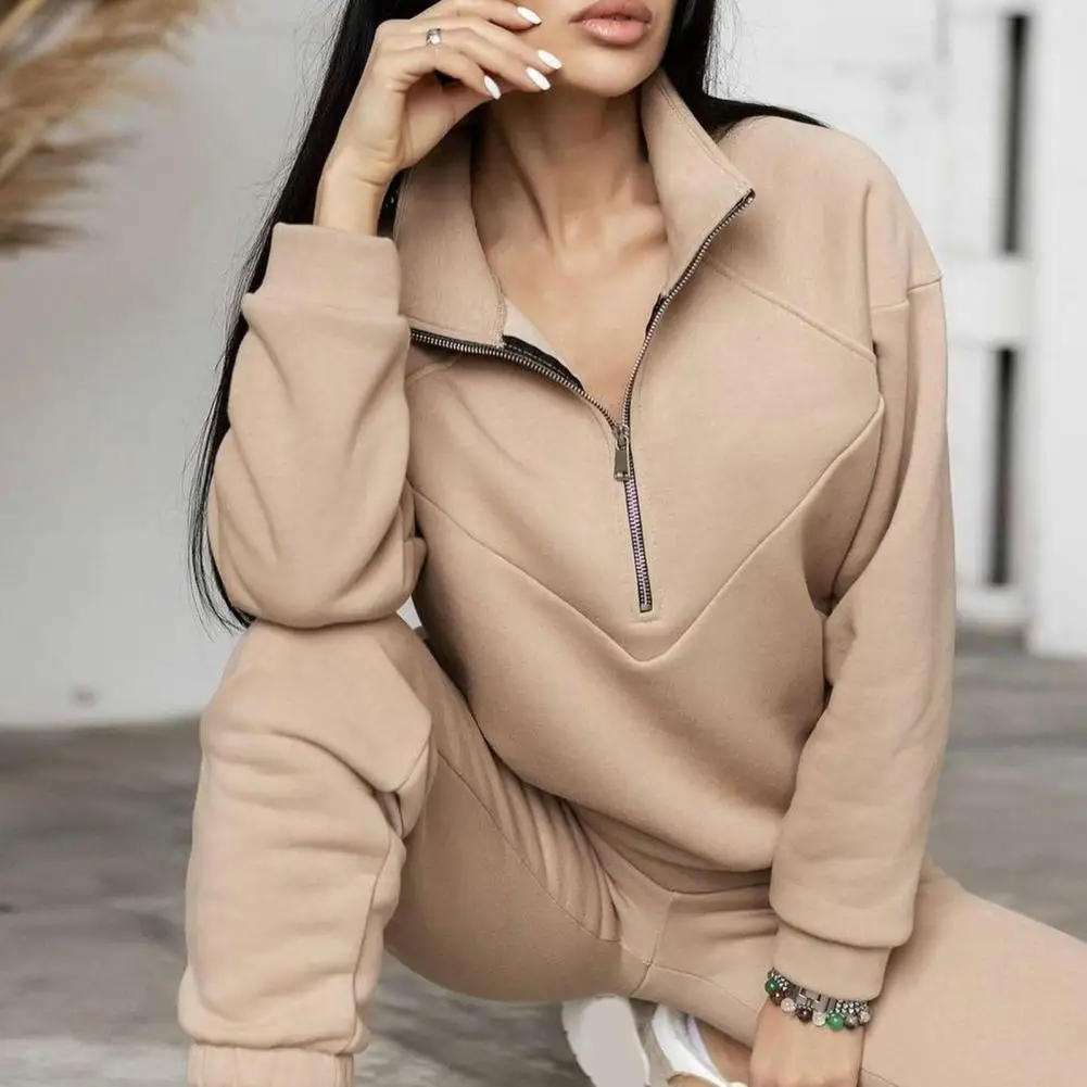 

Stylish Casual High Waist Pockets Spring Top Pants Set Zipper Two Pieces Set Fall Sweatshirt Pants Set for Sports