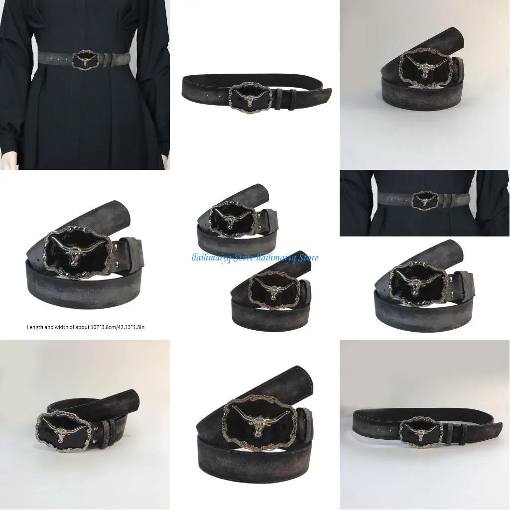 

573B PU Leather Belt Distressed Waist Belt Head Buckle Waistband Waist Decors