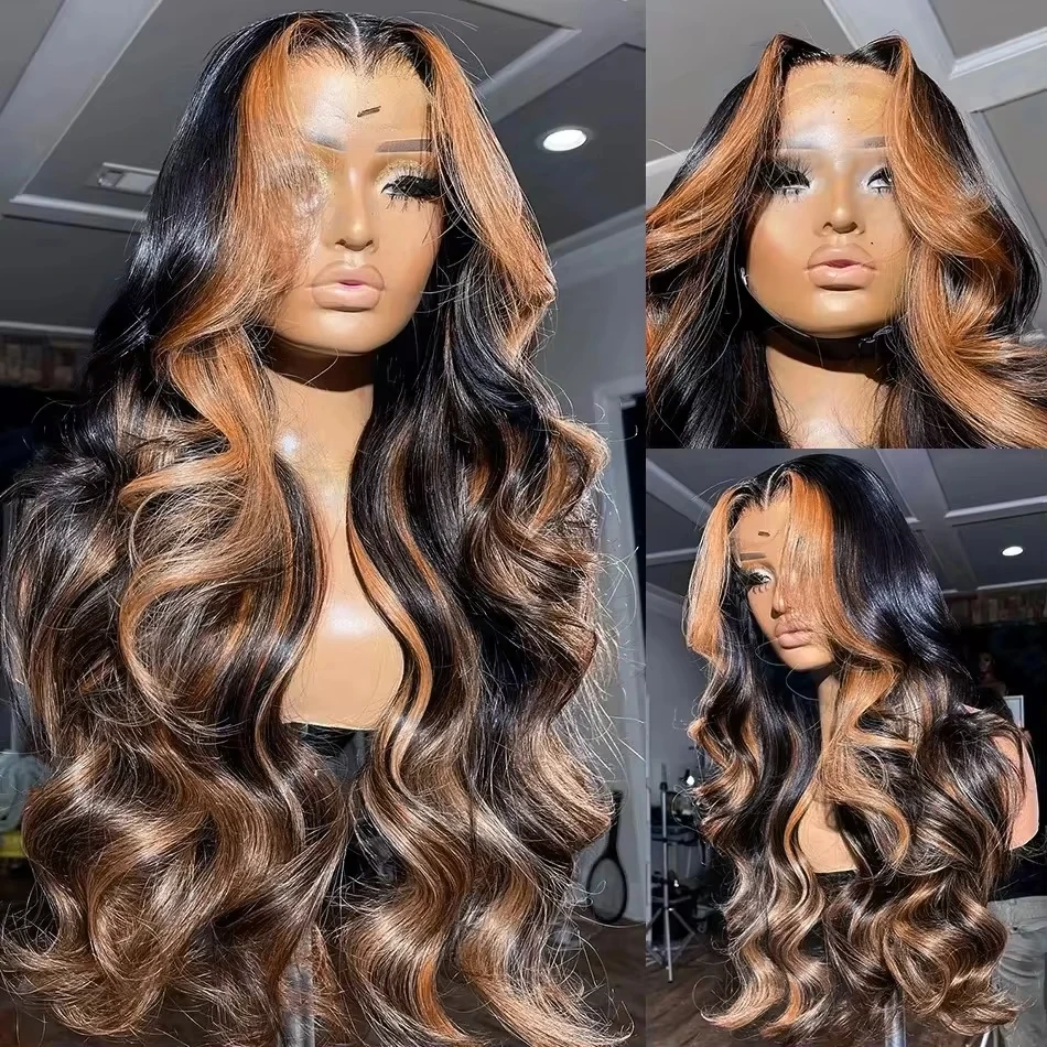 30 inch Brazilian Body Wave Highlight Ombre Colored 13x4 Lace Front Wig Human Hair 1B/30 Black Brown Lace Frontal Wig For Women