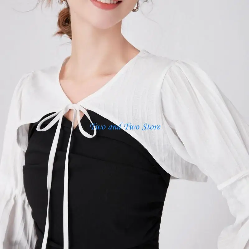 HX6F كم طويل طوق مزخرف من القماش نصف قميص مزين بياقة مدورة وخطوط عنق نصف طوق قميص للإناث #4