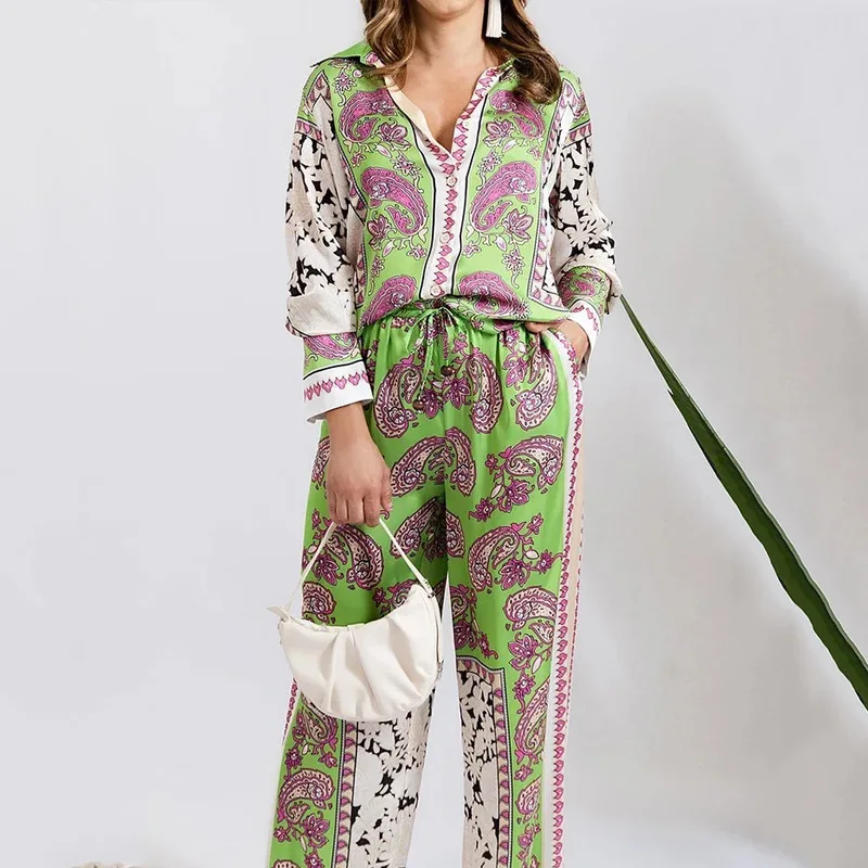 Two Piece Sets Women Pants Set Print Floral Casual Turn Down Collar Full Sleeve Tops Wide Leg Long Pants Lace Up Elastic Waist