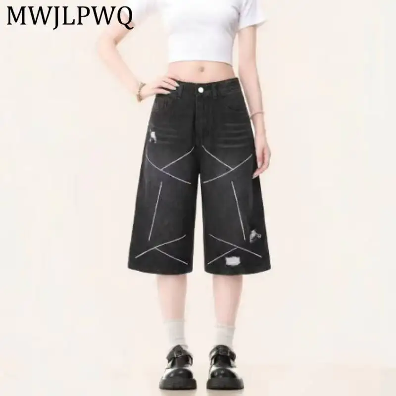 MWJLPWQ American-Style High Street Ripped Embroidered Denim Shorts Men Women Summer Loose Wide-Leg Straight Cropped Pants 16970