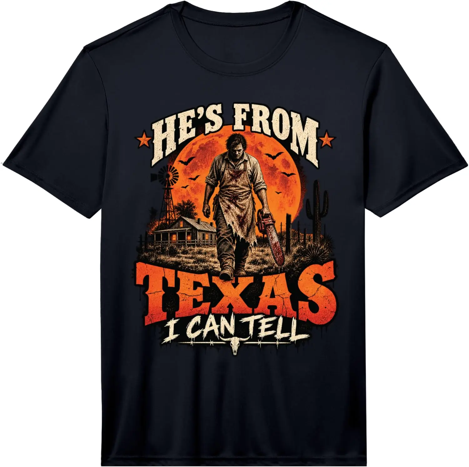 Hes From Texas I Can Tell Chainsaw Horror Halloween Graphic Performance T-Shirt Breathable, Stylish Pure Cotton Short-Sleeve Top—Suitable For All-Season Styling.