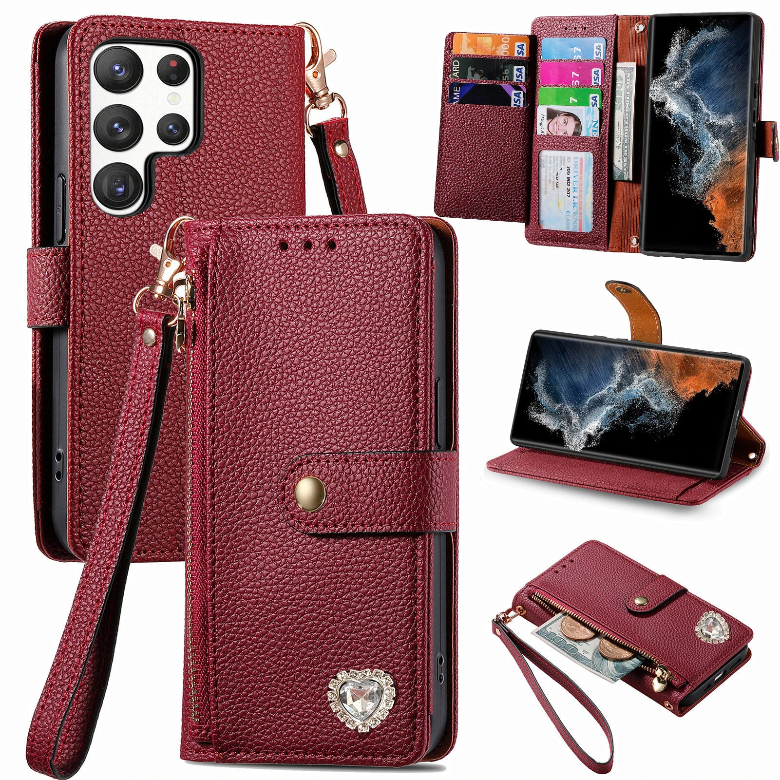 

Zipper Crossbody Wallet Case for OPPO Reno 14F 14 13F 13A 13FS 13 12 11F 11A 11 10 9 Pro PlusMulti 7 Cards Leather Flip Cover