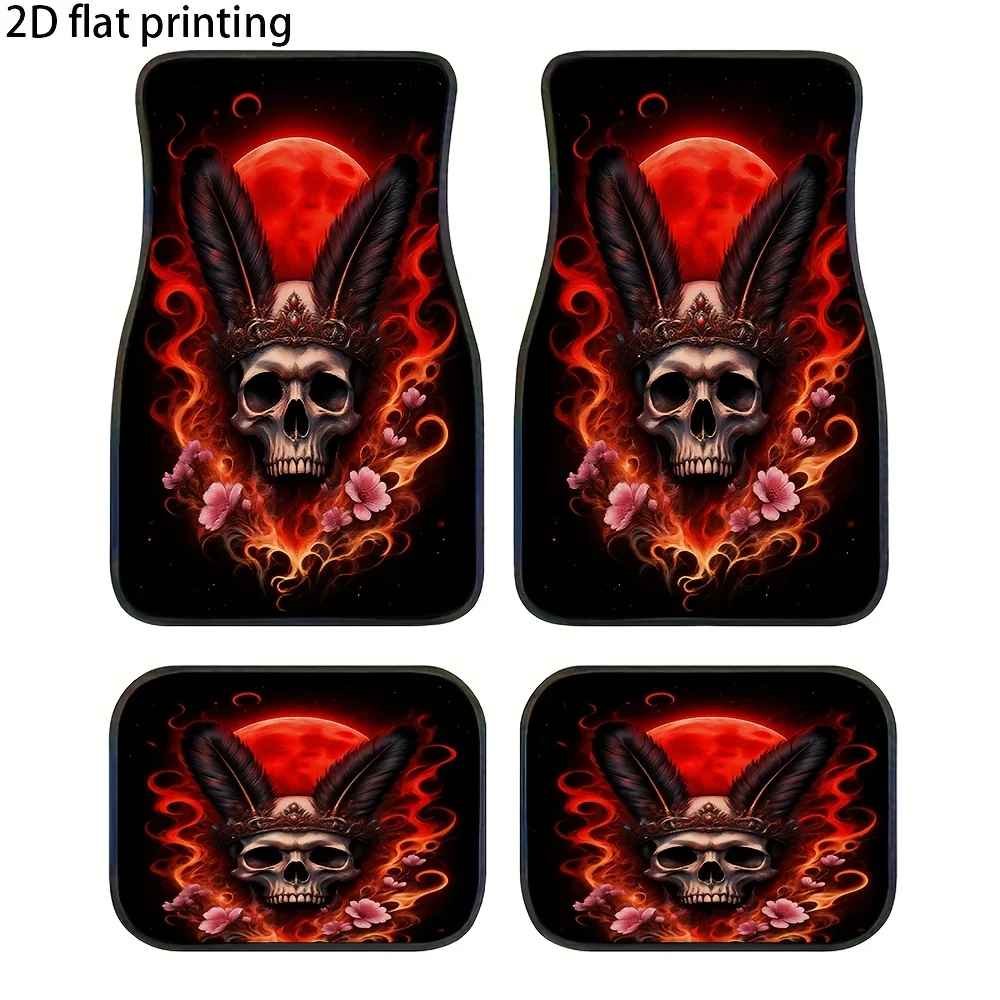 4pcs Car Floor Mats, Flame Skull Feather Pattern Universal Fit Material Wear-Resistant Easy To Clean Decorative Accessories For