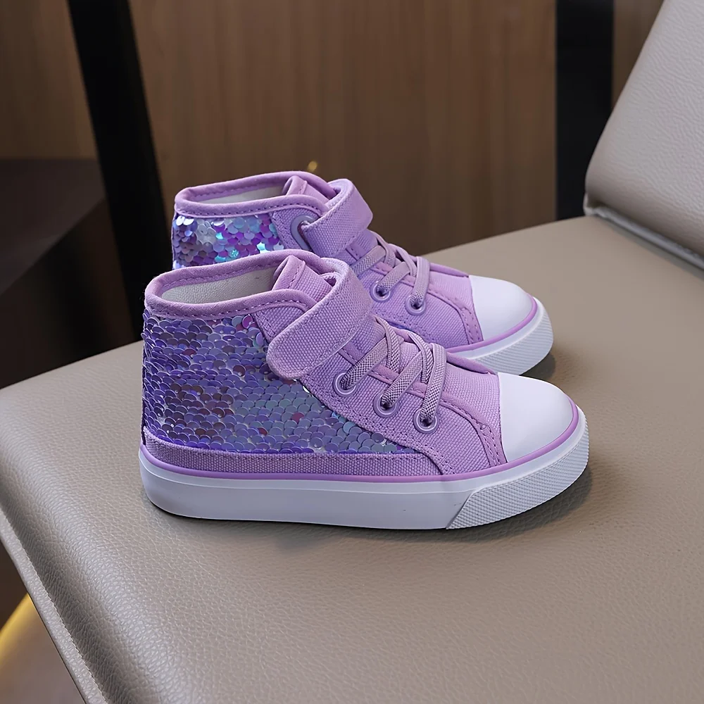 COMFY KIDS Girls 3-12 Years Purple Holographic Scale Princess Style Mid Top Canvas Shoes Adjustable Strap Soft Comfortable All-Season Wear Party Performance Casual Shoes