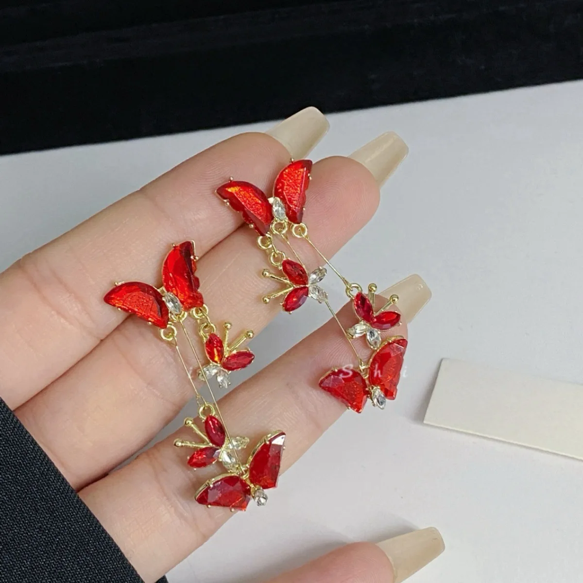 Red Butterfly Glass Long Pendant Earrings for Womne Wedding Party Jewelry