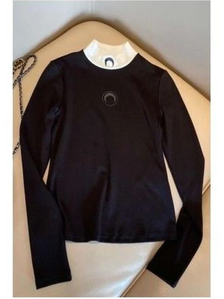 

Весенний топ, женская футболка с длинным рукавом, корейская уличная одежда, Y2K, контрастный принт, луна, высокий воротник, облегающий универсальный базовый топ