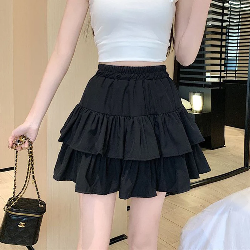 

2026 Summer Lady Ins Fashion Solid Cake Skirts Girls Korean Thin Short Dress Female Chic High Waist Ruched Skirts