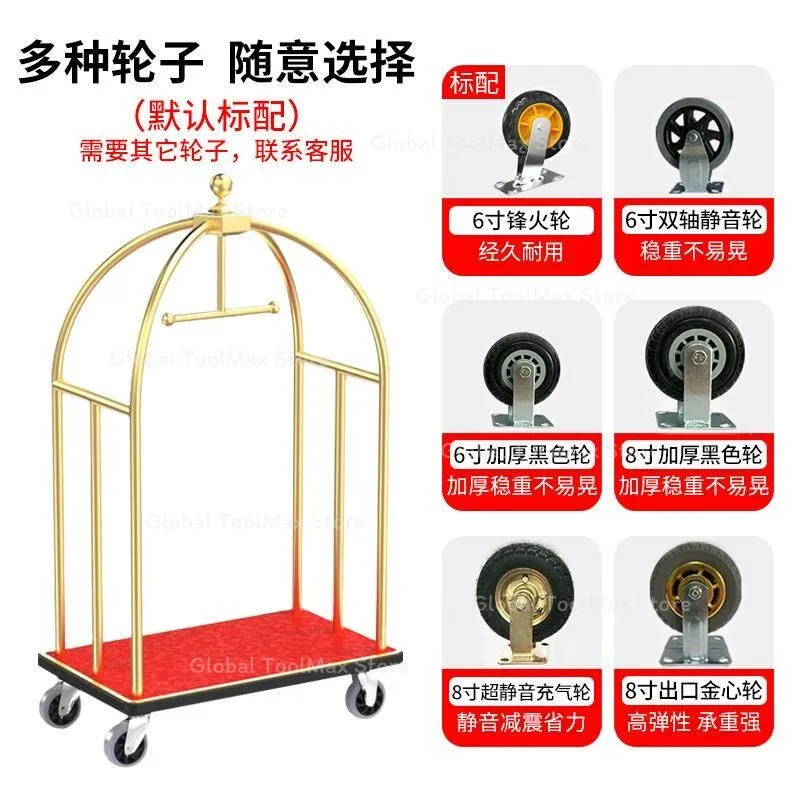 Stainless Steel Hand Push Hotel Luggage Cart Silent Wheels Thickened Puller for Lobby Shop Use