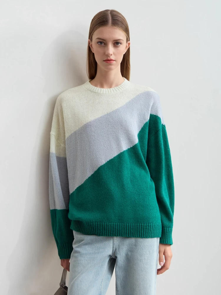 

Amii Women's Sweater 2025 Winter New Women Clothing O-Neck Splicing Pullover Knit Top Casual Loose Long Sleeve Sweaters 12444167