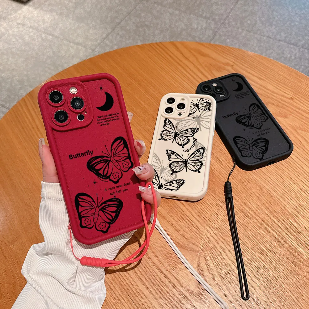 Cute Black Butterfly Case For Samsung A03 A05S A10S A11 A12 A20S A21S A13 A14 A54 A34 A53 A71 A73 A25 A15 Cover With Hand Strap