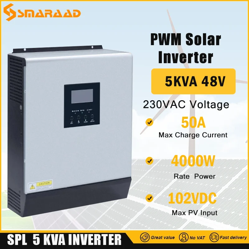 5KVA Solar Inverter 5000W 48V 230V Pure Sine Wave Hybrid Inverter Built-in 60A MPPT off-Grid Solar Controller Battery Charger