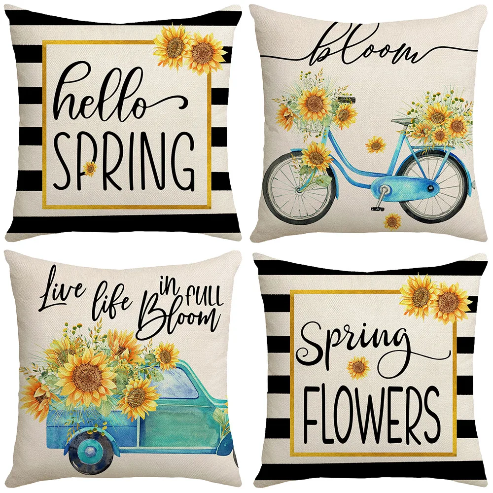 

Summer Sunflower Cushion Cover Linen Striped Pillowcase Bicycle Car Floral Patterns Cushion Case Throw Pillow Cover for Sofa