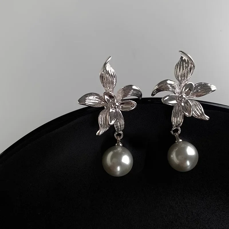 Gray Color Chinese Orchid Earrings Fashionable Orchid Imitation Pearl Earrings Wedding Party Accessories Wholesale