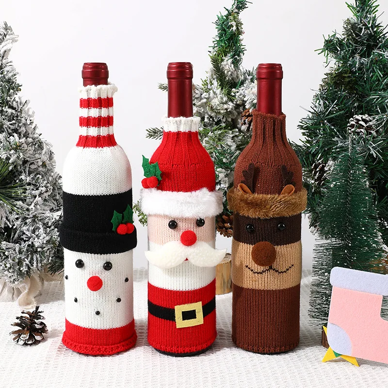 New Christmas Wine Bottle Cover Kawaii Santa Claus Elk Creative Cartoon Knitted Red Wine Protective Cover Holiday Table Supplies