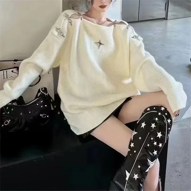 

Autumn New Y2K Women Korean Elegant Oversized High Street Sweater Aesthetics Long Sleeve Sweaters Bare Shoulders Pullovers 복장