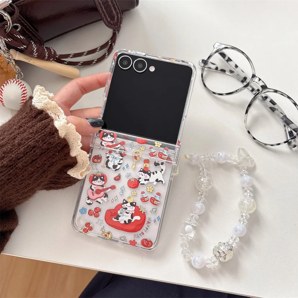 Cute Whimsical Cartoon Music Cat Tomato Printed Phone Case for Samsung Galaxy Z Flip 7-3 Iridescent Bead Strap Protective Cover