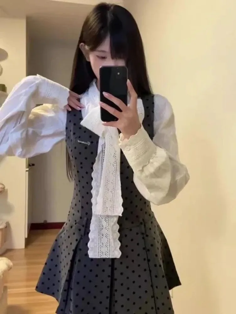 新しい甘いウェーブポイントシャーリングベストドレス女性のための + 弓レースアップ長袖 2025 秋シャツ女性ツーピースセット