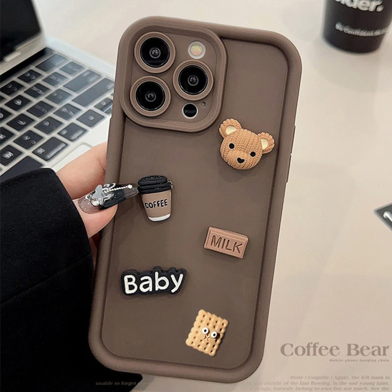Niedliche 3D-Bären-Kaffeekarikatur-Silikonhülle für iPhone 18 Pro 15 12 11 13 14 17 Pro Max 16 Pro Plus X XS XR Hüllen, weiche matte Abdeckung – Detail 5