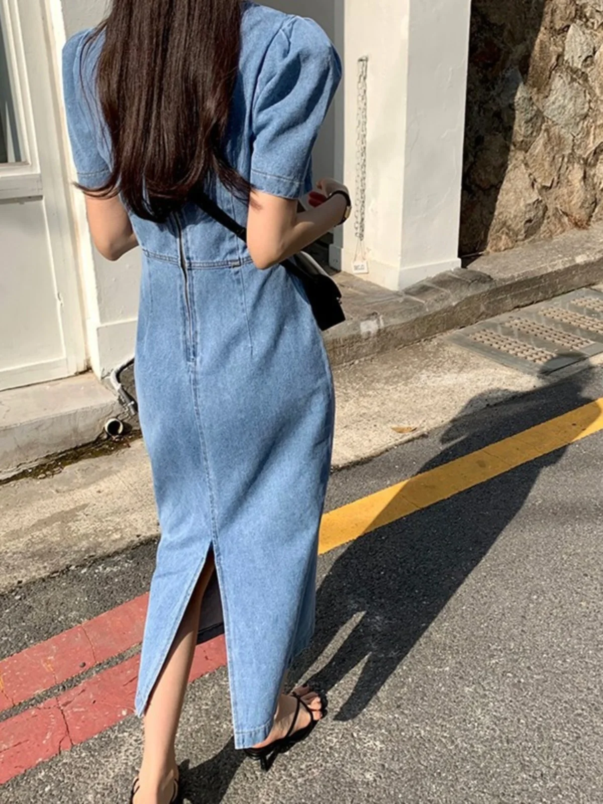 Summer Women's High Waist Denim Dr Puffy Sve Square Collar Bodycon Long Skirt Korean Sle Commute Pure Color A-Line Skirt