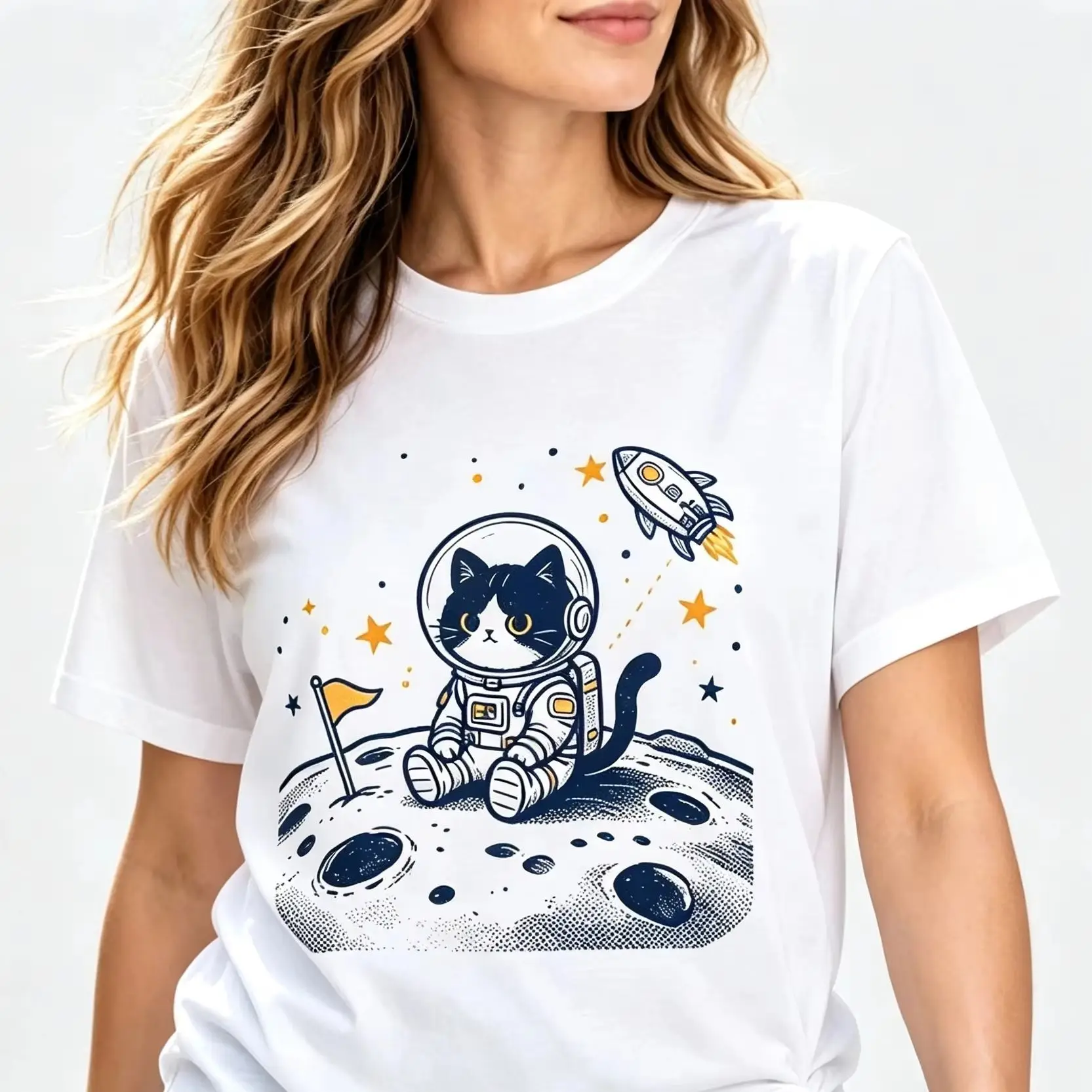 Camiseta con estampado de un gato astronauta en la luna, con motivos de cohetes y estrellas. Diseño de un adorable gatito espacial, estilo cómico, para uso diario, de manga corta.