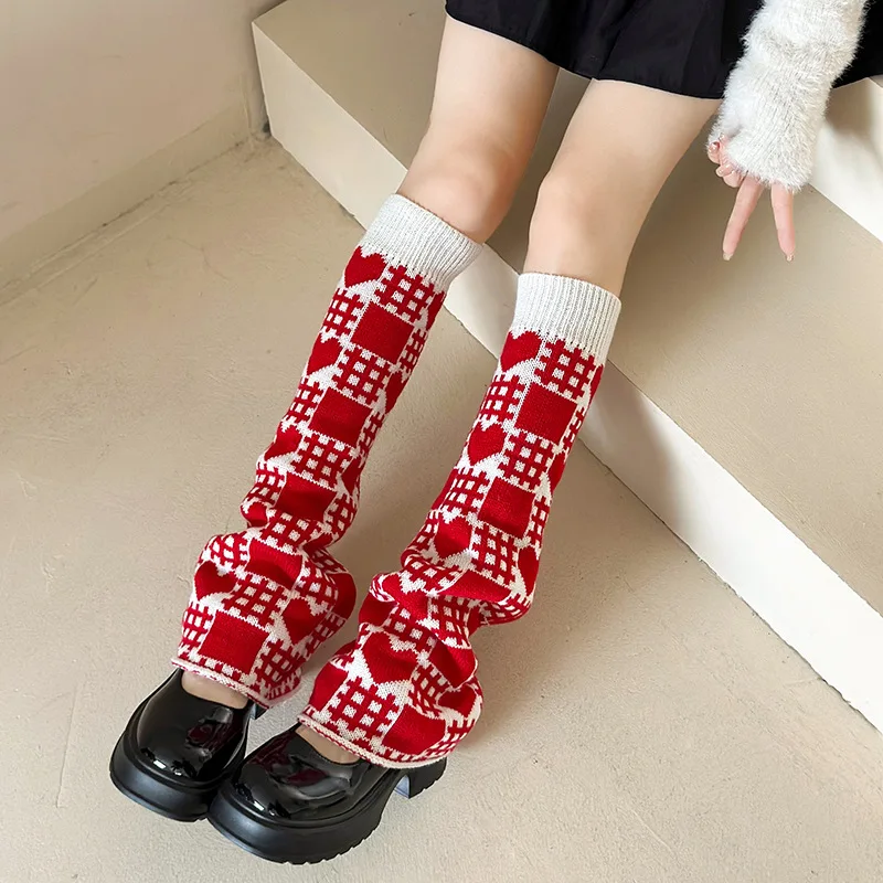 New Y2K Kawaii Leg Warmers Lolita Gothic Punk Stacked Socks Cute Block Heart Pattern JK School Harajuku Streetwear Aesthetic​